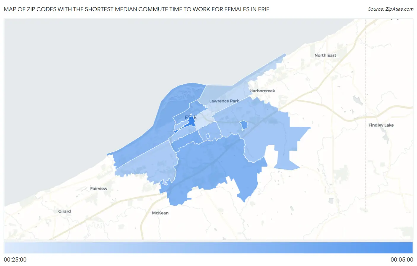 Zip Codes with the Shortest Median Commute Time to Work for Females in Erie Map