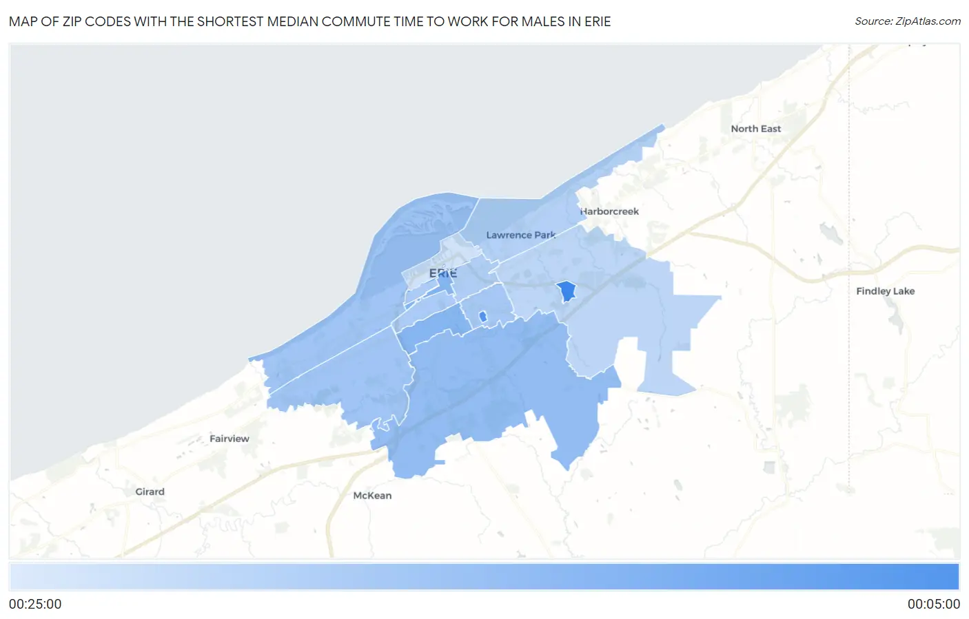 Zip Codes with the Shortest Median Commute Time to Work for Males in Erie Map