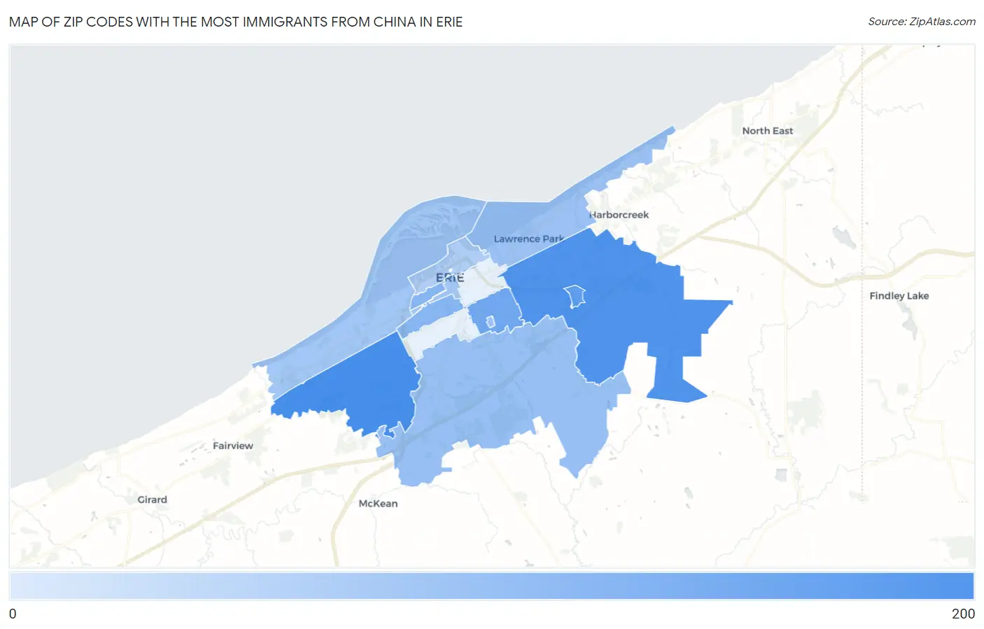 Zip Codes with the Most Immigrants from China in Erie Map