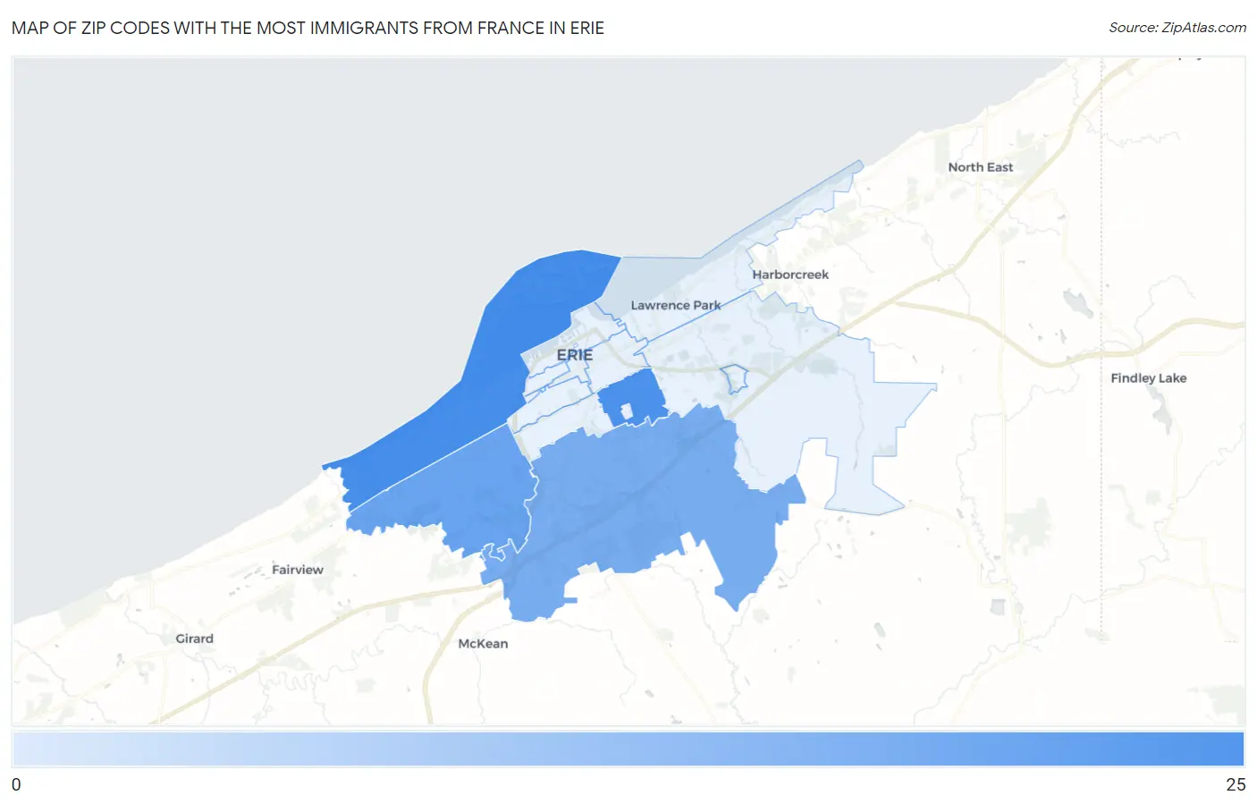 Zip Codes with the Most Immigrants from France in Erie Map
