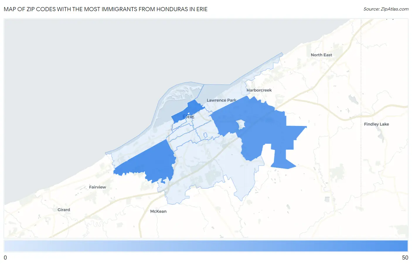 Zip Codes with the Most Immigrants from Honduras in Erie Map