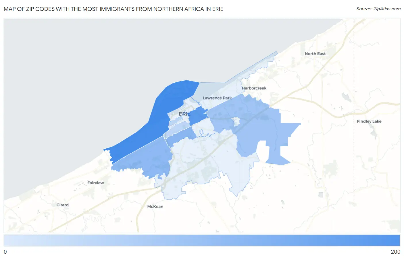 Zip Codes with the Most Immigrants from Northern Africa in Erie Map