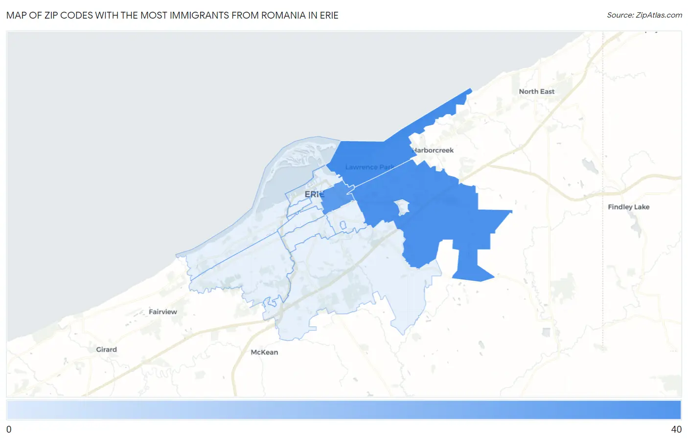 Zip Codes with the Most Immigrants from Romania in Erie Map