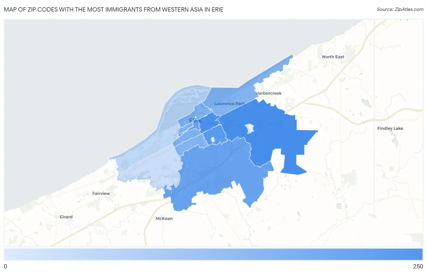 Zip Codes with the Most Immigrants from Western Asia in Erie Map