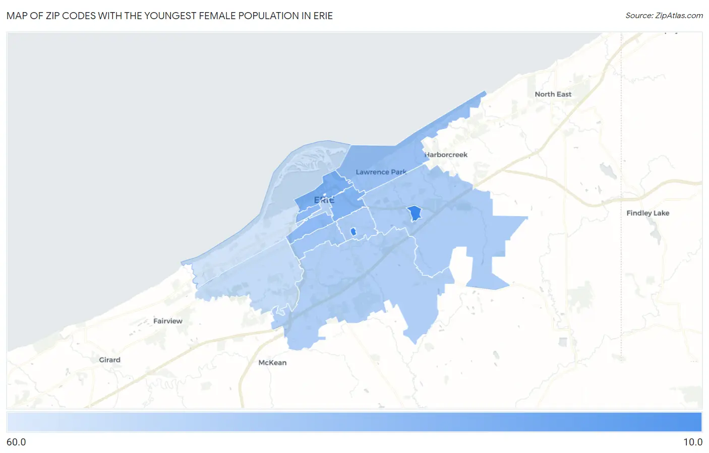 Zip Codes with the Youngest Female Population in Erie Map