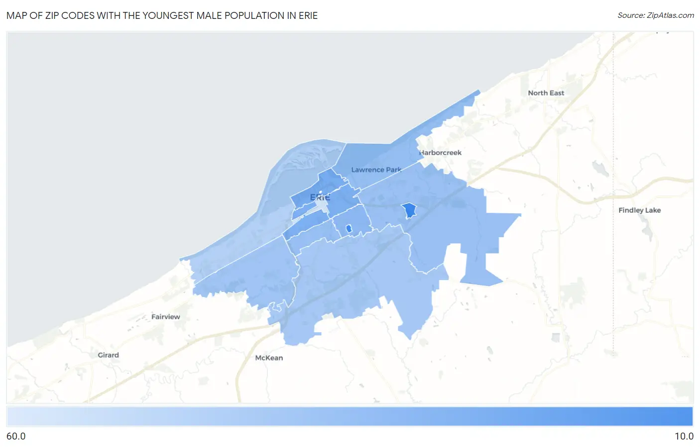 Zip Codes with the Youngest Male Population in Erie Map