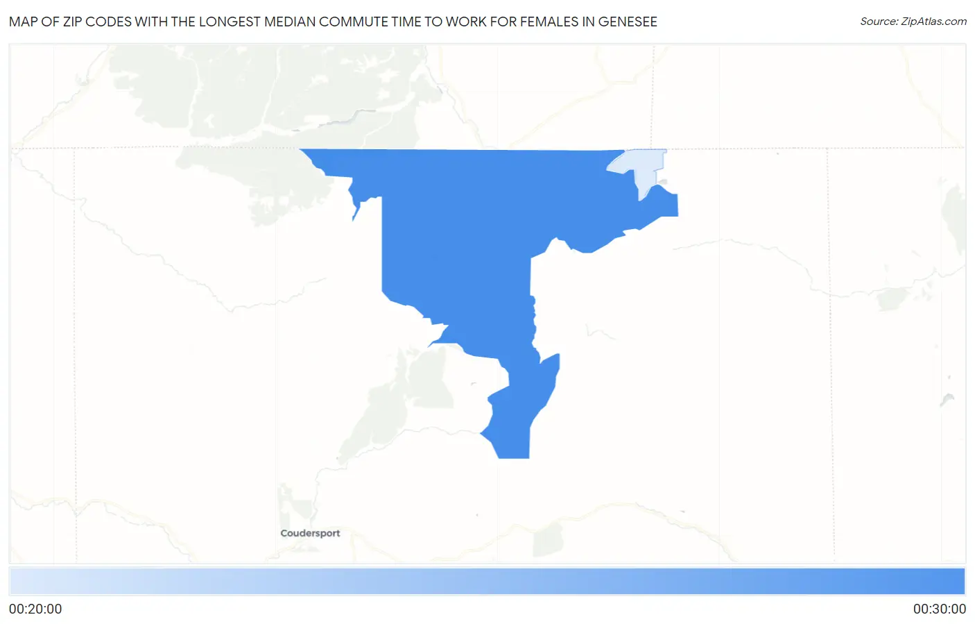 Zip Codes with the Longest Median Commute Time to Work for Females in Genesee Map