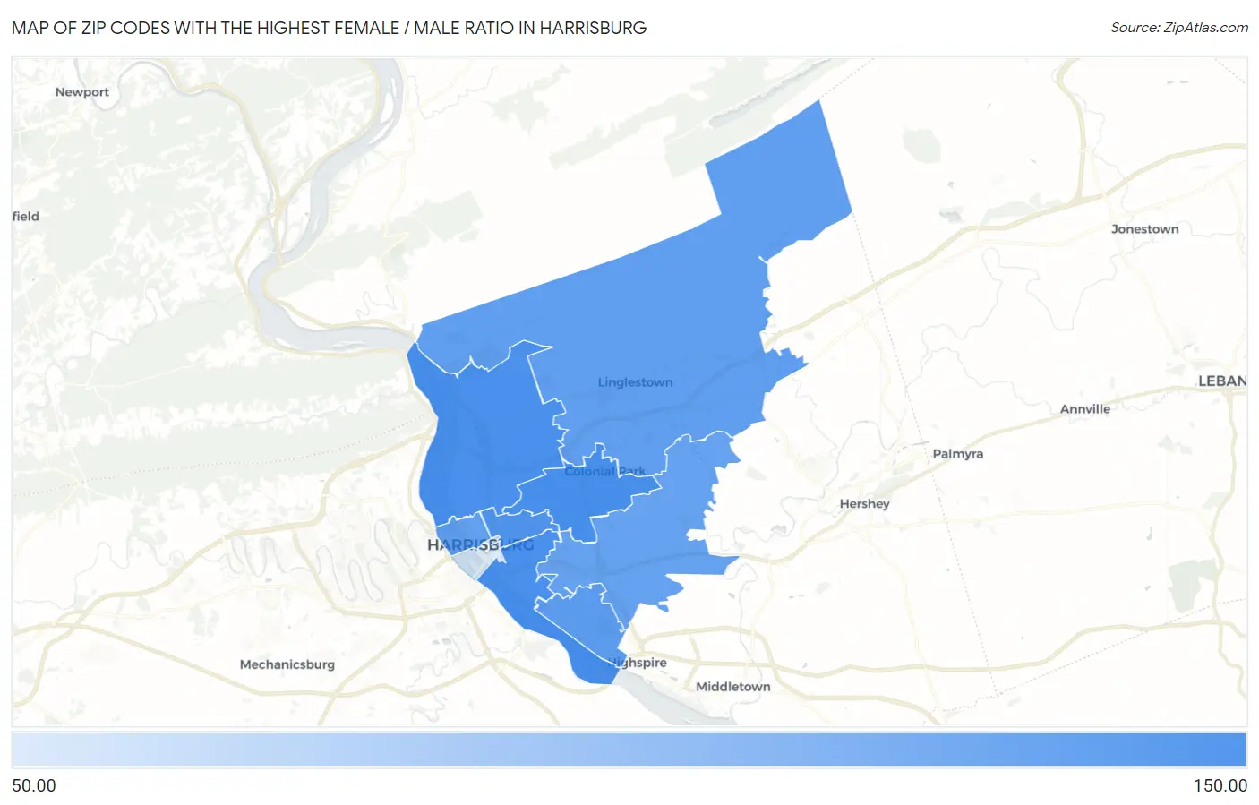 Zip Codes with the Highest Female / Male Ratio in Harrisburg Map