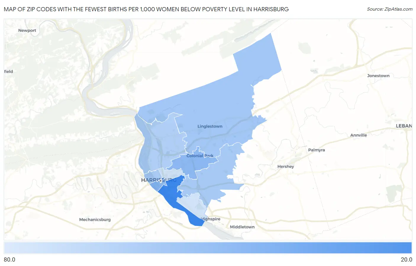 Zip Codes with the Fewest Births per 1,000 Women Below Poverty Level in Harrisburg Map