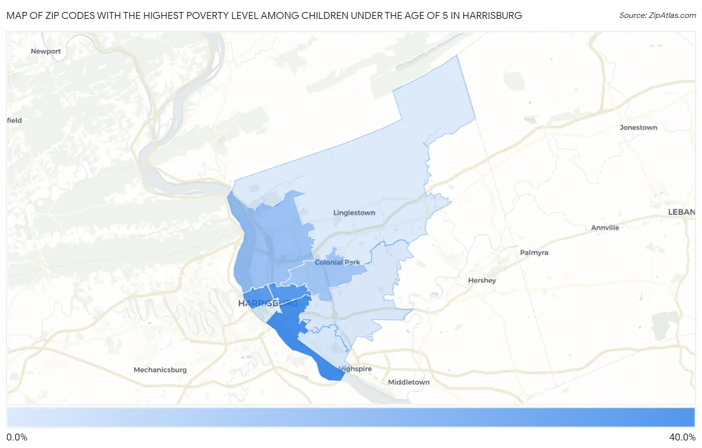 Zip Codes with the Highest Poverty Level Among Children Under the Age of 5 in Harrisburg Map