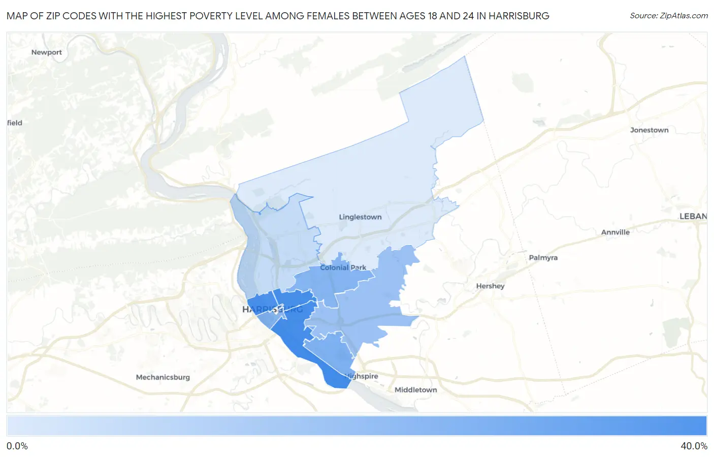 Zip Codes with the Highest Poverty Level Among Females Between Ages 18 and 24 in Harrisburg Map