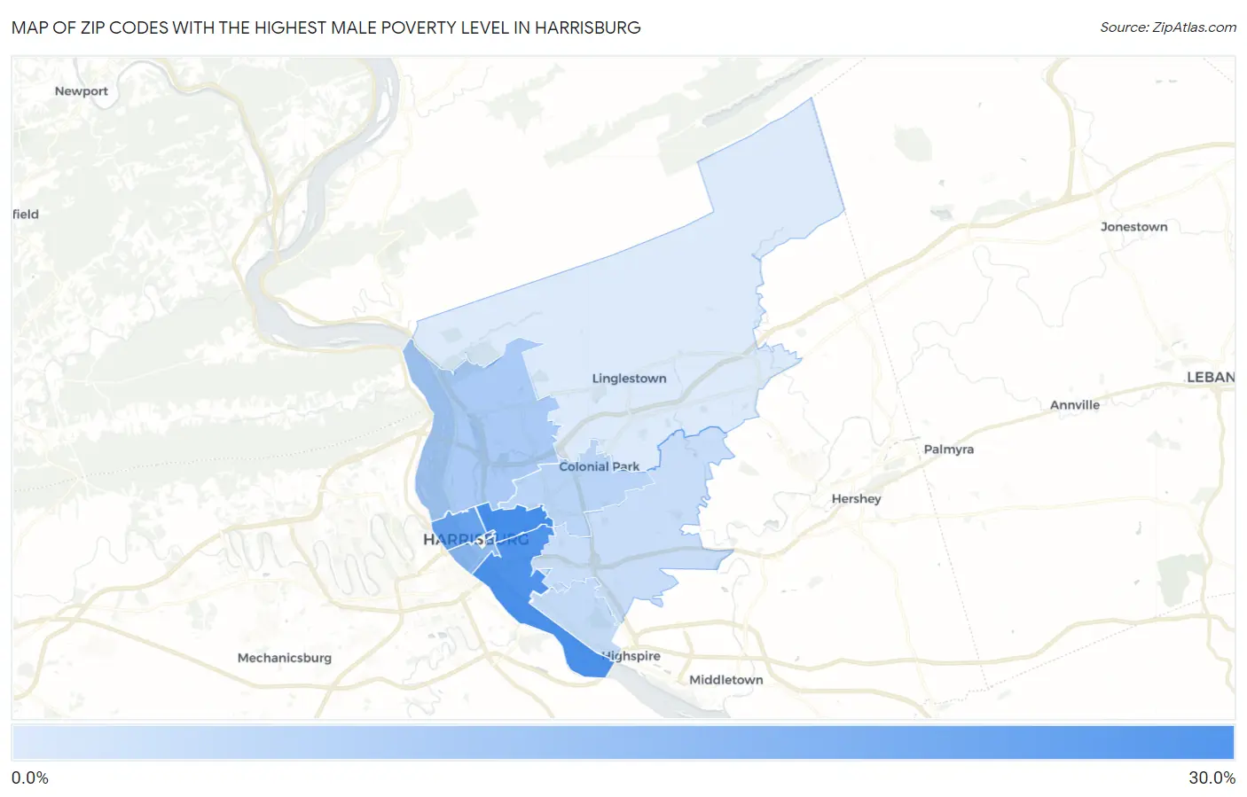 Zip Codes with the Highest Male Poverty Level in Harrisburg Map
