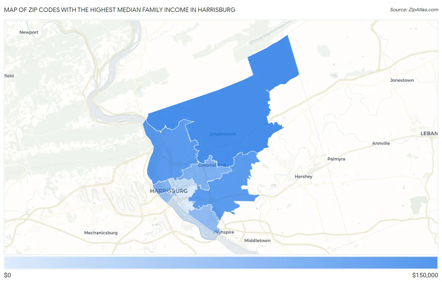 Zip Codes with the Highest Median Family Income in Harrisburg Map