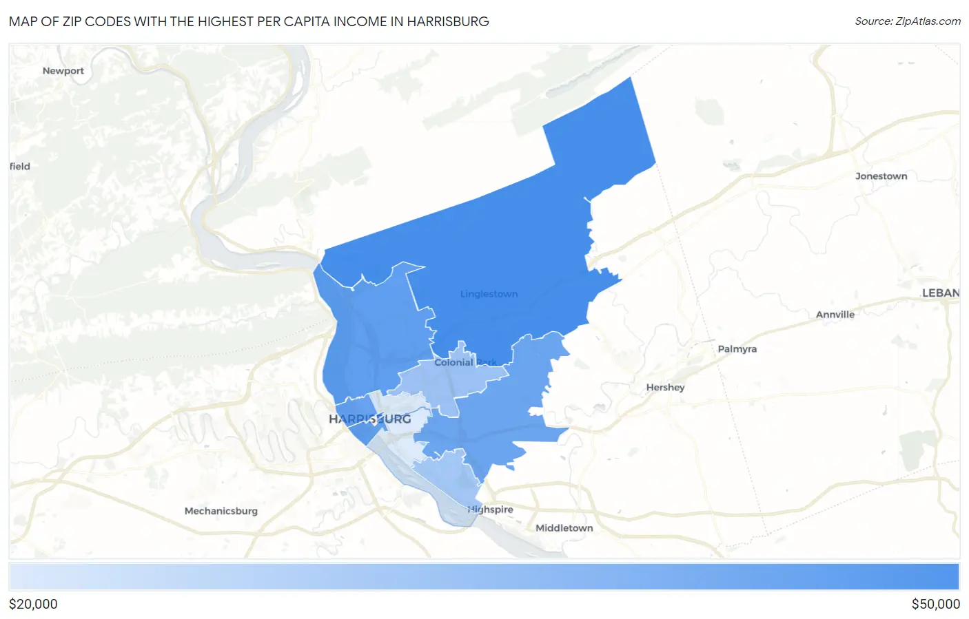 Zip Codes with the Highest Per Capita Income in Harrisburg Map