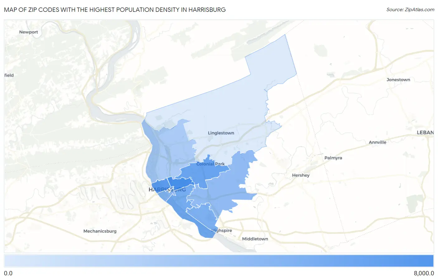 Zip Codes with the Highest Population Density in Harrisburg Map