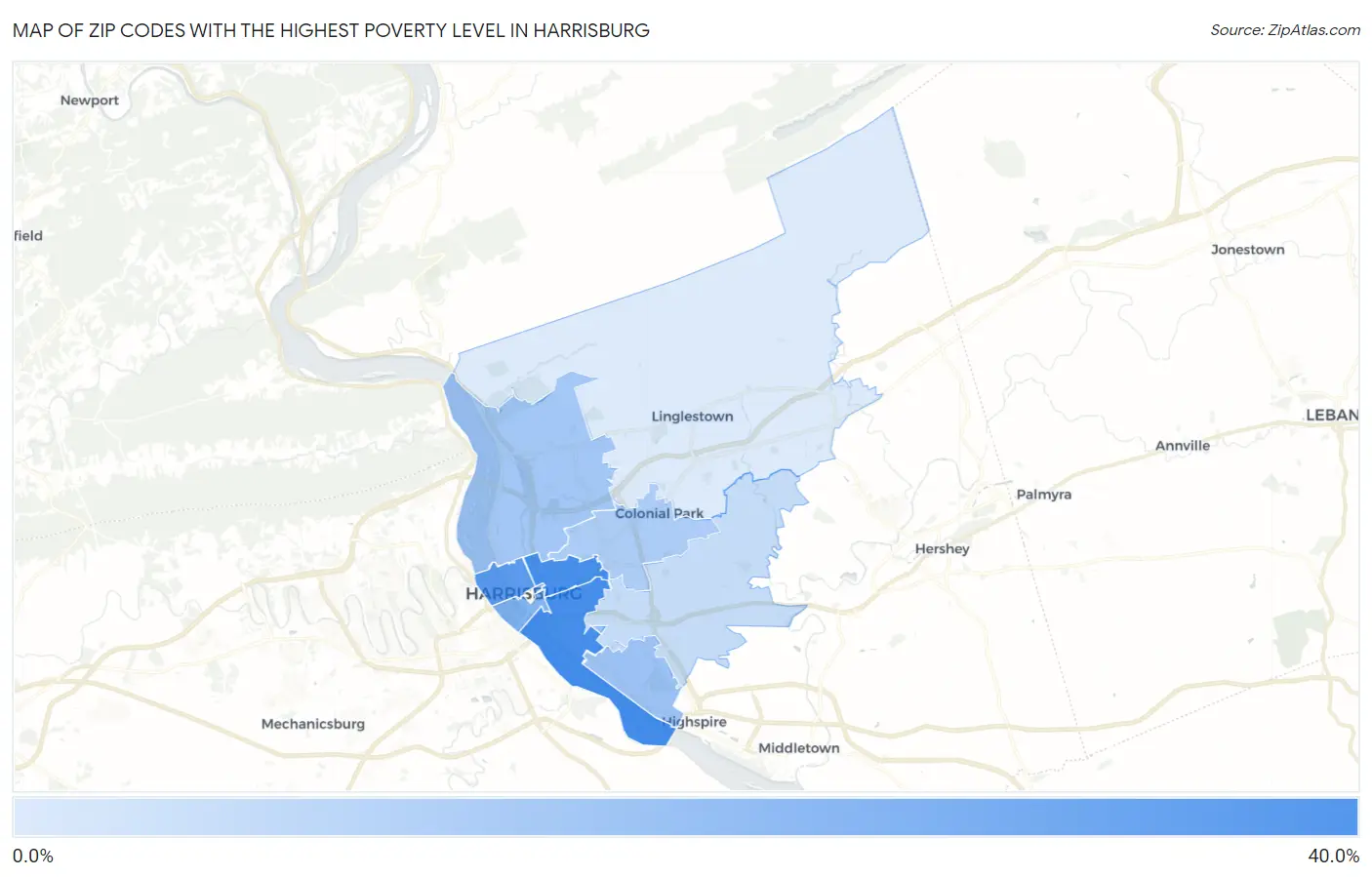Zip Codes with the Highest Poverty Level in Harrisburg Map