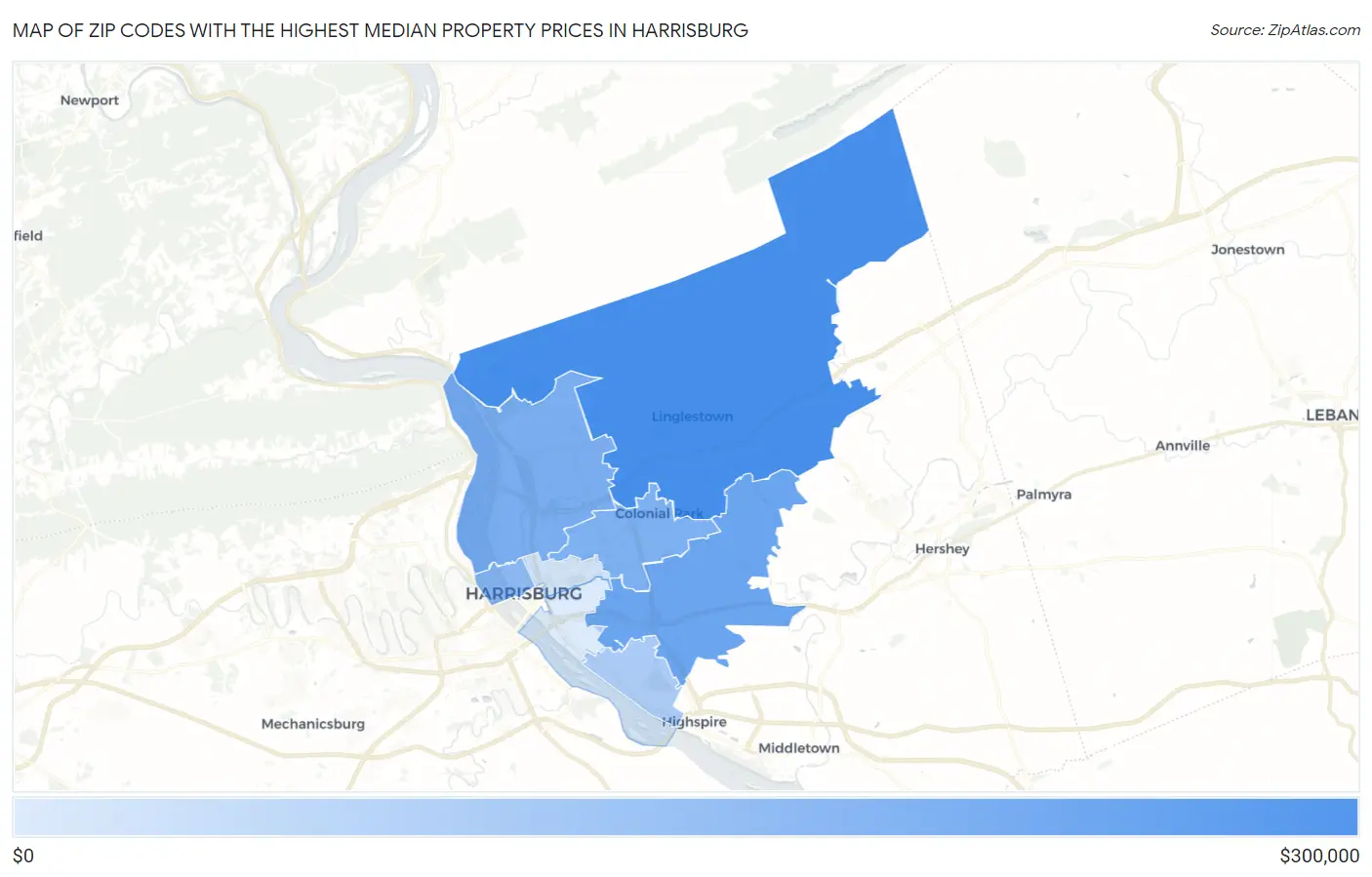 Zip Codes with the Highest Median Property Prices in Harrisburg Map