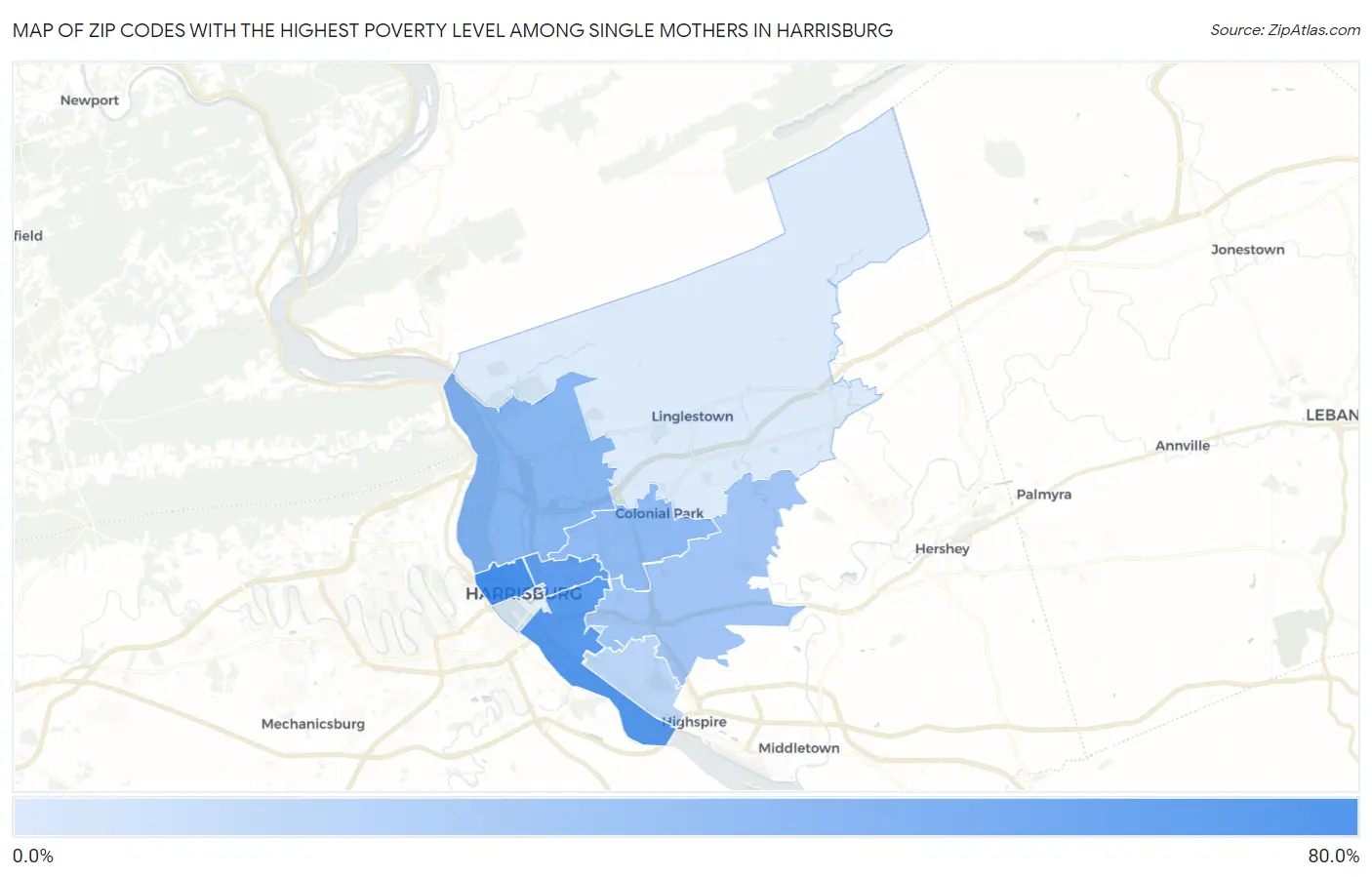 Zip Codes with the Highest Poverty Level Among Single Mothers in Harrisburg Map