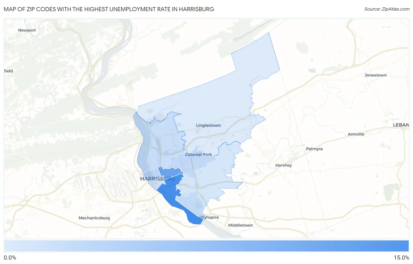Zip Codes with the Highest Unemployment Rate in Harrisburg Map