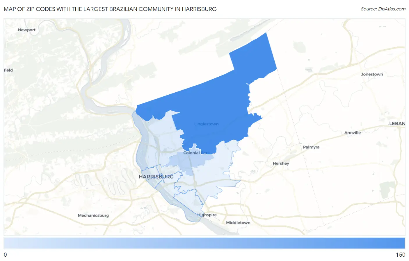 Zip Codes with the Largest Brazilian Community in Harrisburg Map