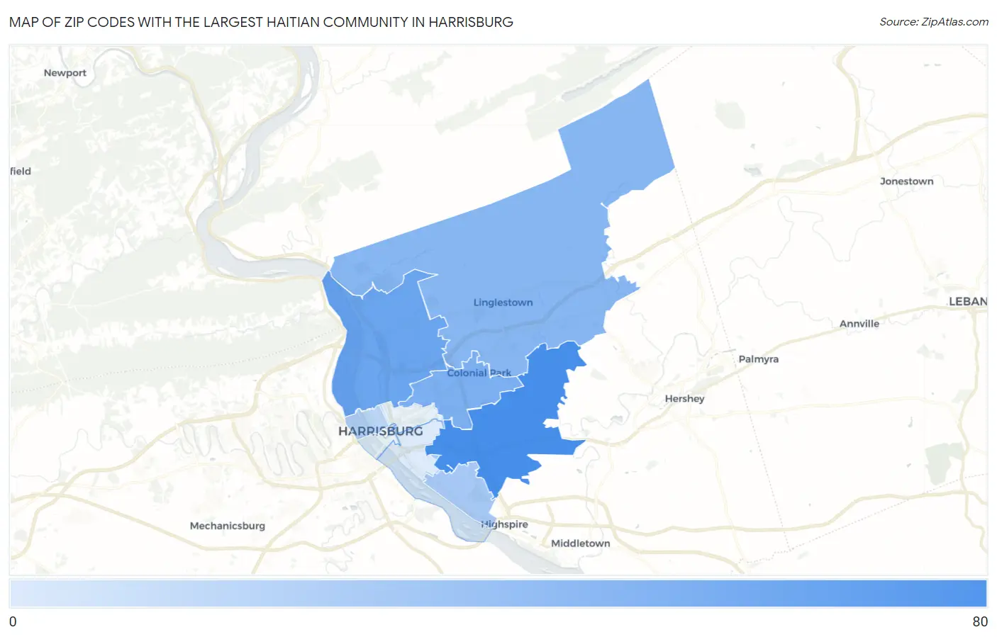 Zip Codes with the Largest Haitian Community in Harrisburg Map