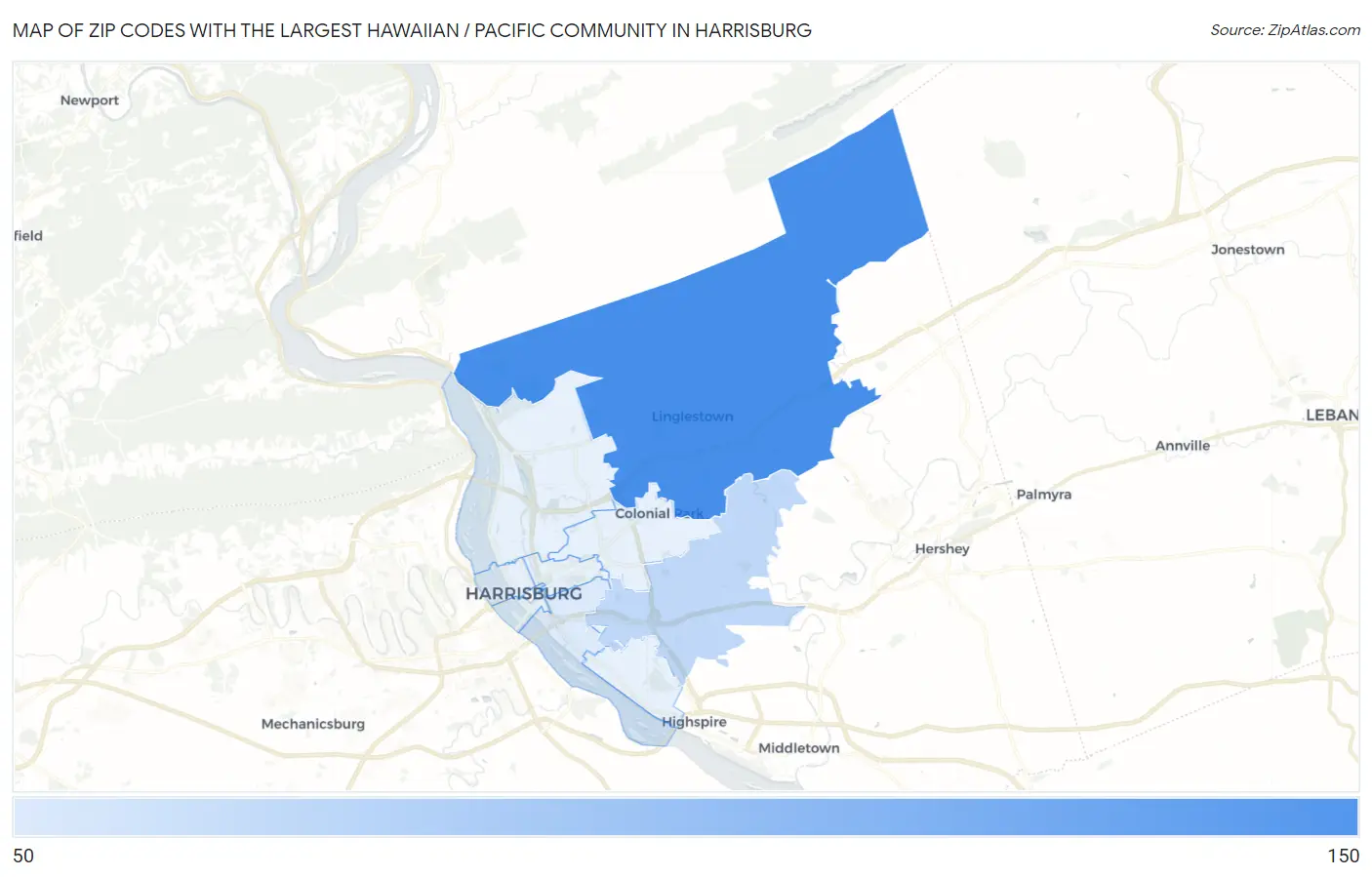 Zip Codes with the Largest Hawaiian / Pacific Community in Harrisburg Map