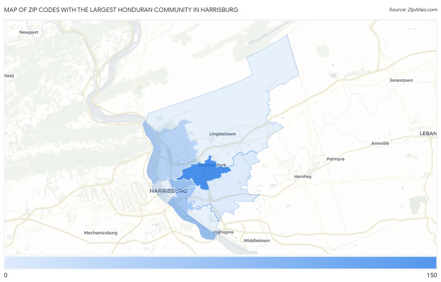 Zip Codes with the Largest Honduran Community in Harrisburg Map