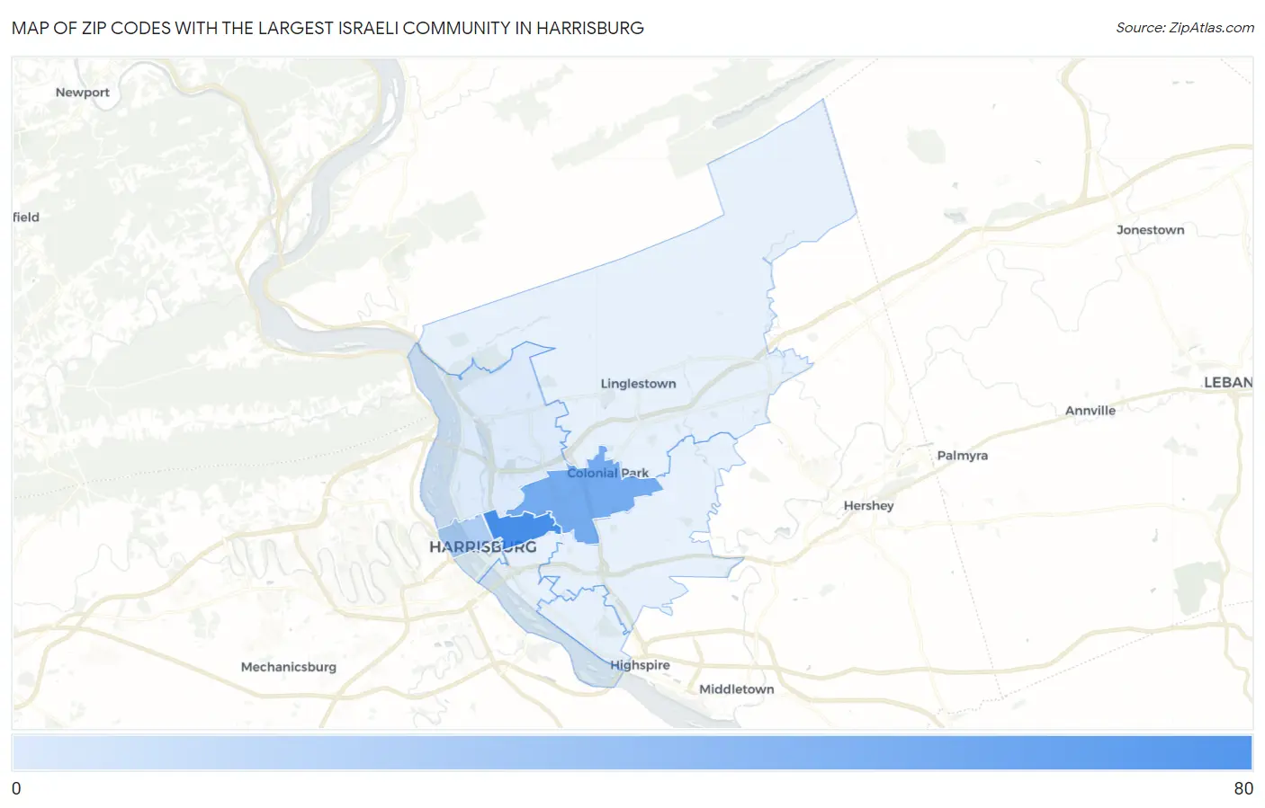 Zip Codes with the Largest Israeli Community in Harrisburg Map