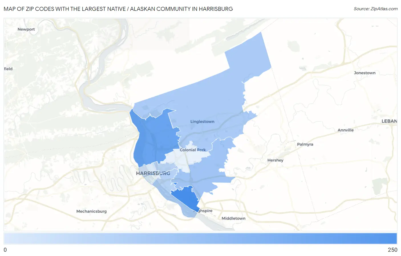Zip Codes with the Largest Native / Alaskan Community in Harrisburg Map