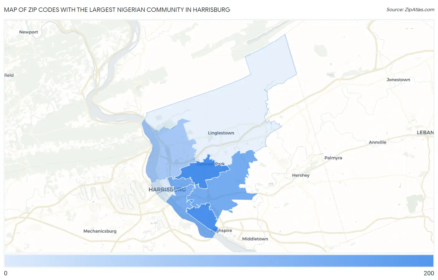 Zip Codes with the Largest Nigerian Community in Harrisburg Map