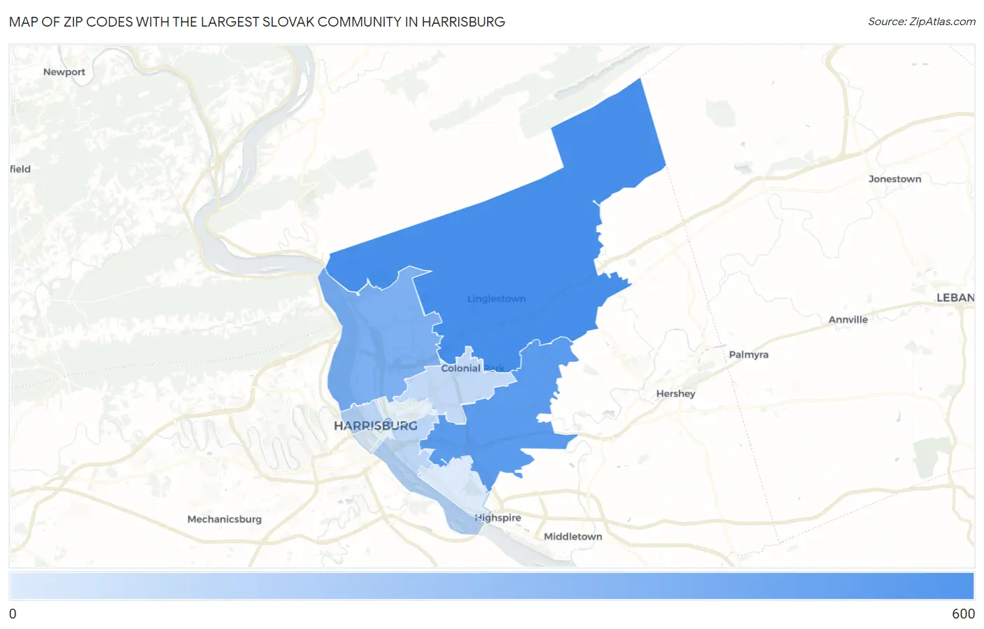 Zip Codes with the Largest Slovak Community in Harrisburg Map