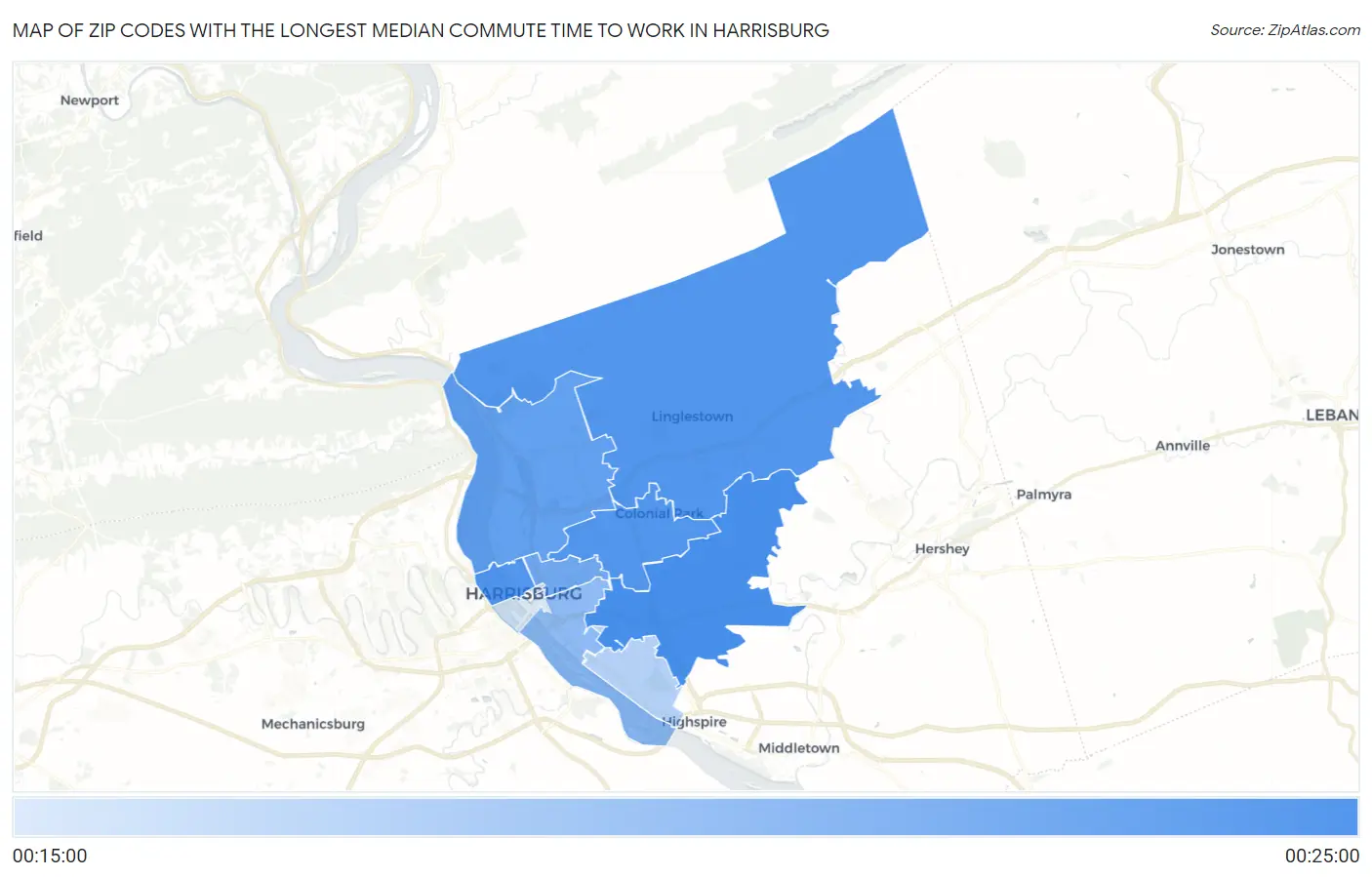 Zip Codes with the Longest Median Commute Time to Work in Harrisburg Map