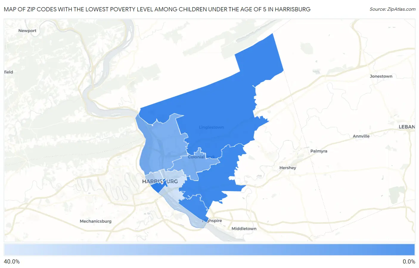 Zip Codes with the Lowest Poverty Level Among Children Under the Age of 5 in Harrisburg Map