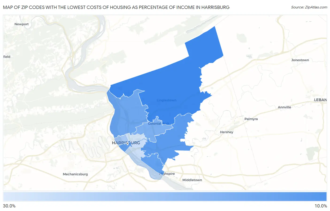 Zip Codes with the Lowest Costs of Housing as Percentage of Income in Harrisburg Map