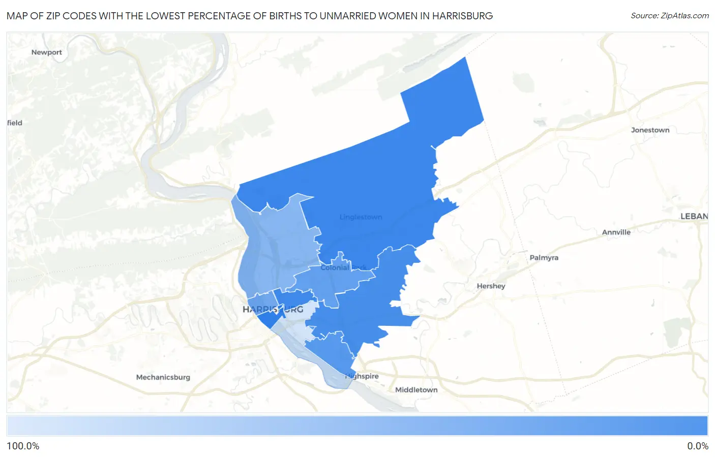 Zip Codes with the Lowest Percentage of Births to Unmarried Women in Harrisburg Map