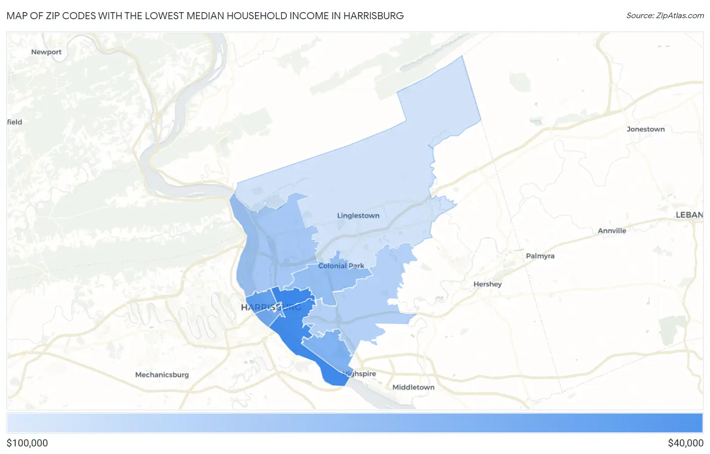 Zip Codes with the Lowest Median Household Income in Harrisburg Map