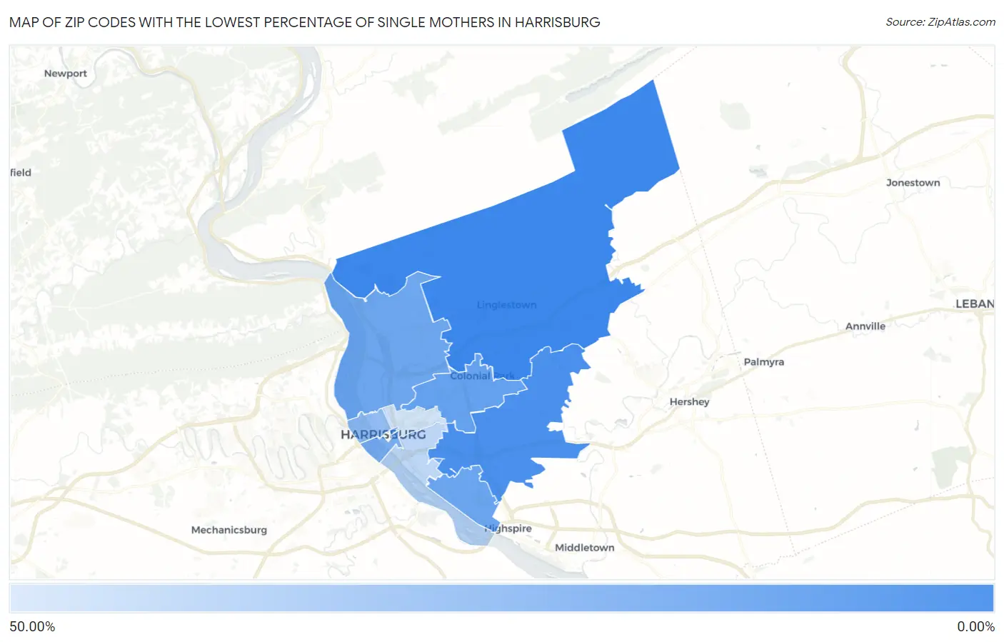 Zip Codes with the Lowest Percentage of Single Mothers in Harrisburg Map