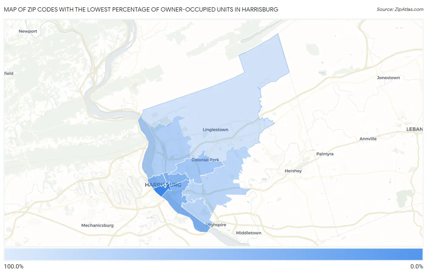 Zip Codes with the Lowest Percentage of Owner-Occupied Units in Harrisburg Map