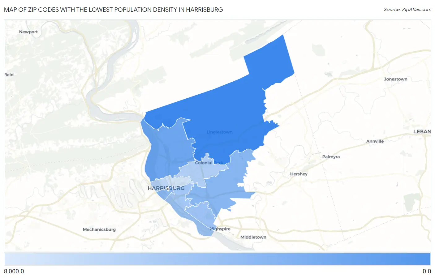 Zip Codes with the Lowest Population Density in Harrisburg Map