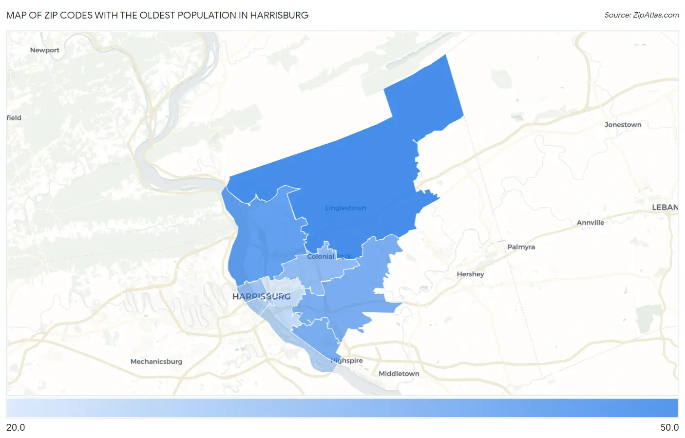 Zip Codes with the Oldest Population in Harrisburg Map