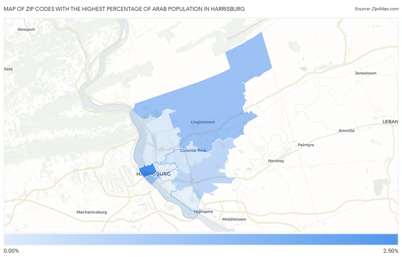 Zip Codes with the Highest Percentage of Arab Population in Harrisburg Map