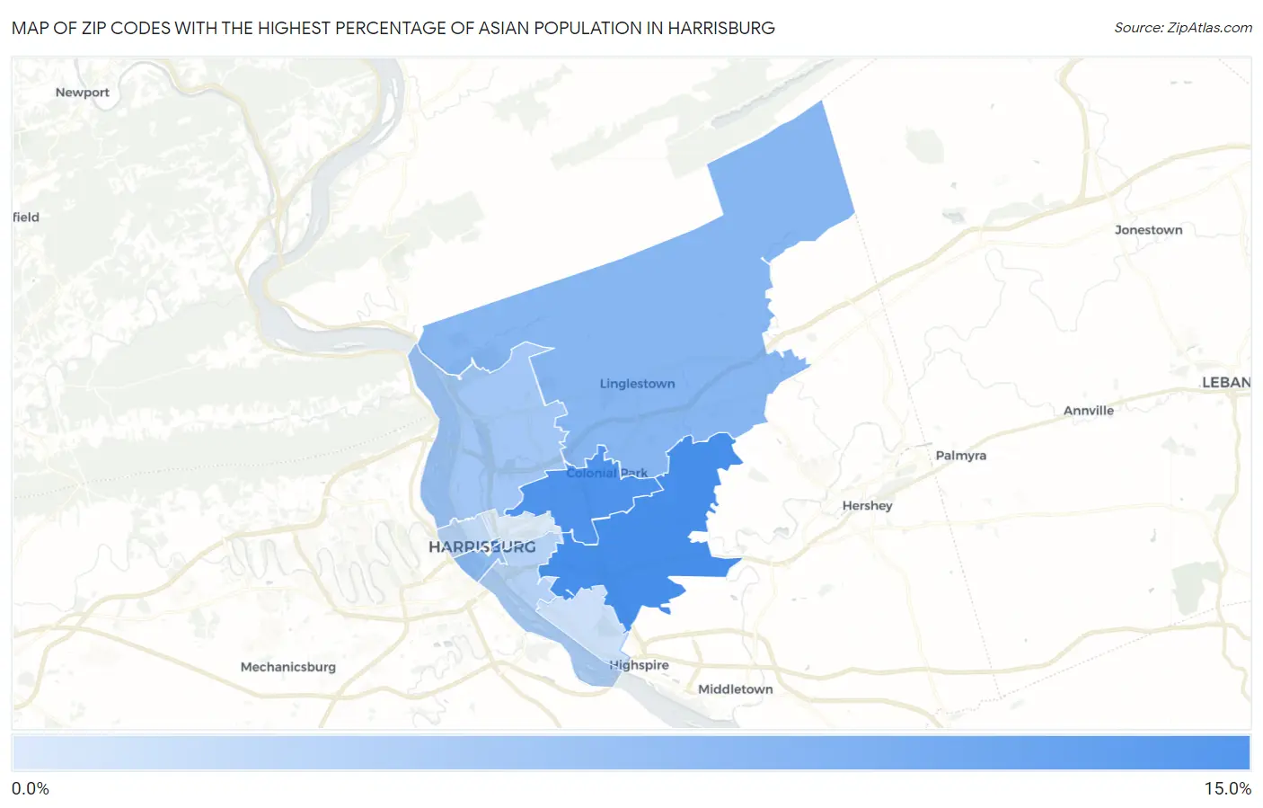 Zip Codes with the Highest Percentage of Asian Population in Harrisburg Map