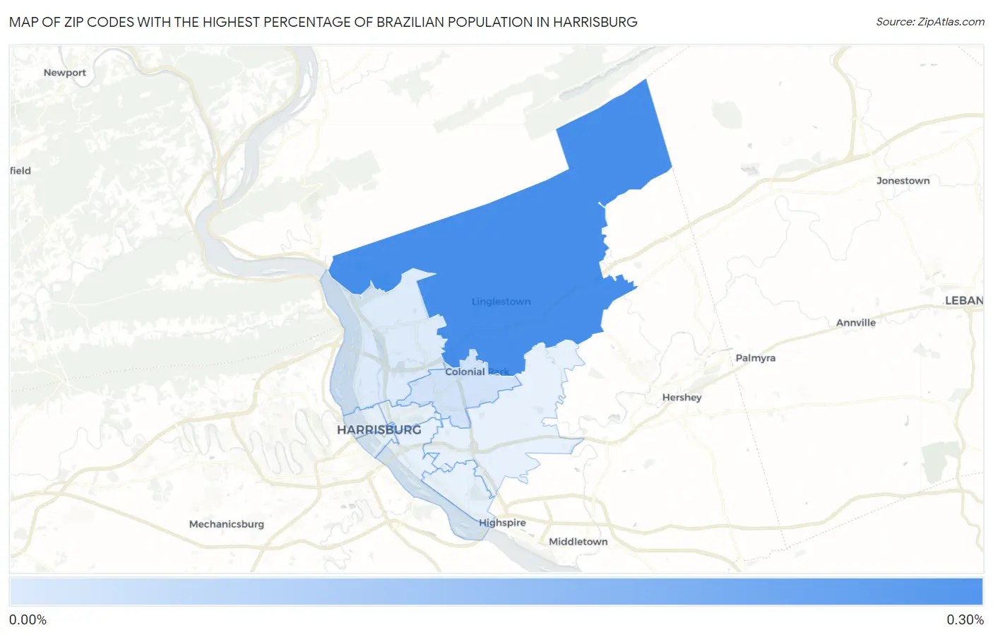 Zip Codes with the Highest Percentage of Brazilian Population in Harrisburg Map