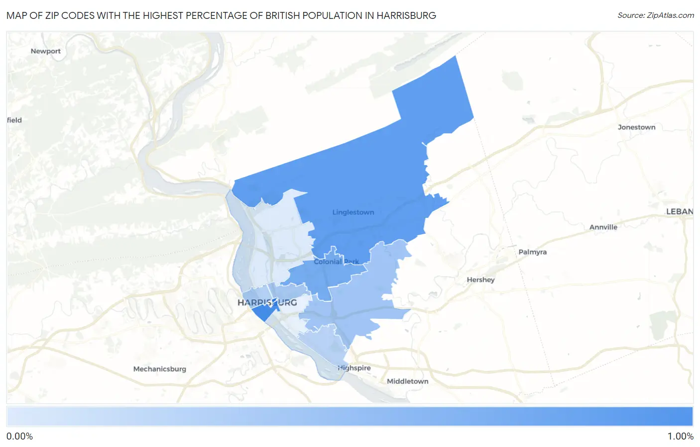 Zip Codes with the Highest Percentage of British Population in Harrisburg Map