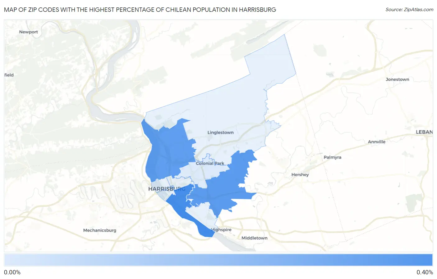 Zip Codes with the Highest Percentage of Chilean Population in Harrisburg Map