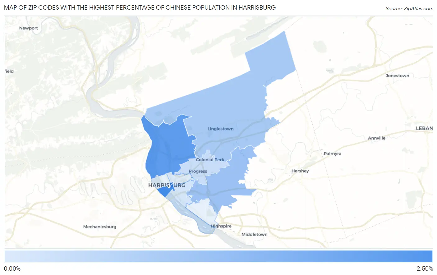 Zip Codes with the Highest Percentage of Chinese Population in Harrisburg Map