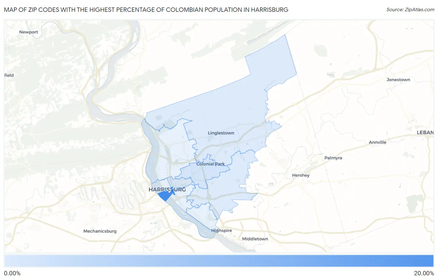 Zip Codes with the Highest Percentage of Colombian Population in Harrisburg Map