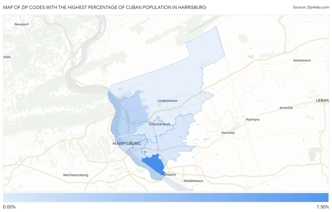 Zip Codes with the Highest Percentage of Cuban Population in Harrisburg Map
