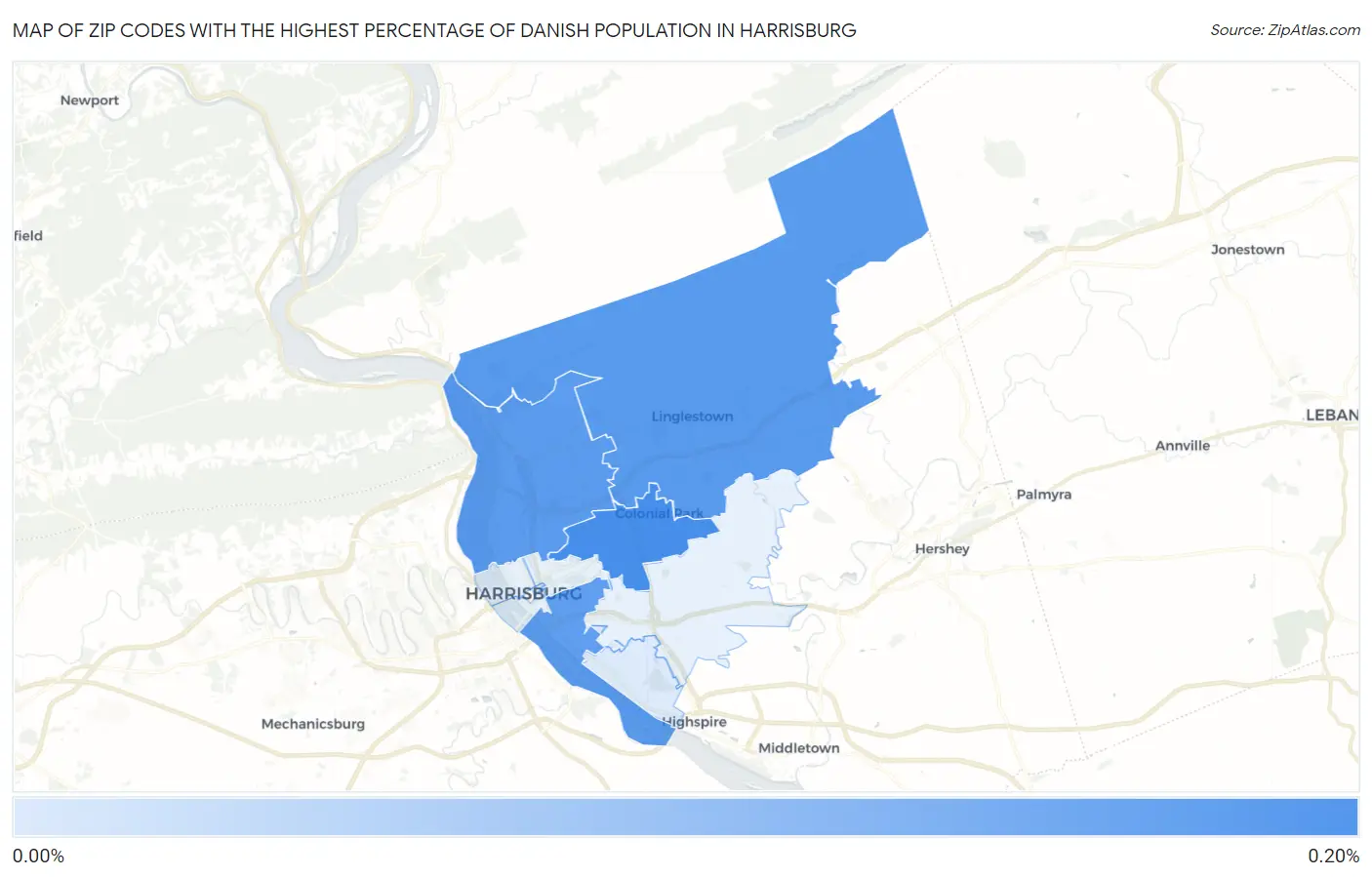 Zip Codes with the Highest Percentage of Danish Population in Harrisburg Map