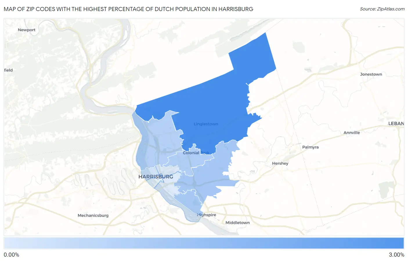 Zip Codes with the Highest Percentage of Dutch Population in Harrisburg Map